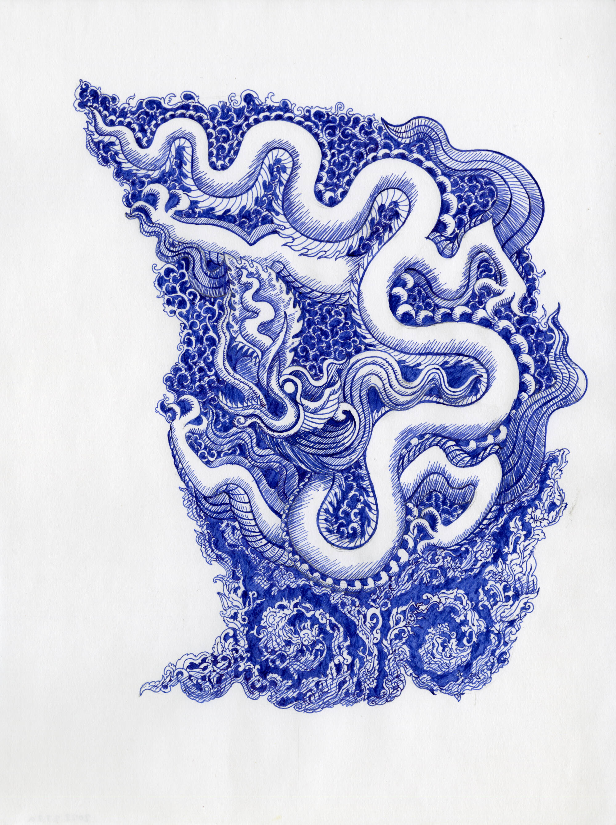 A pen and ink drawing of a dragon. The dragon is white and the rest of it is blue.
